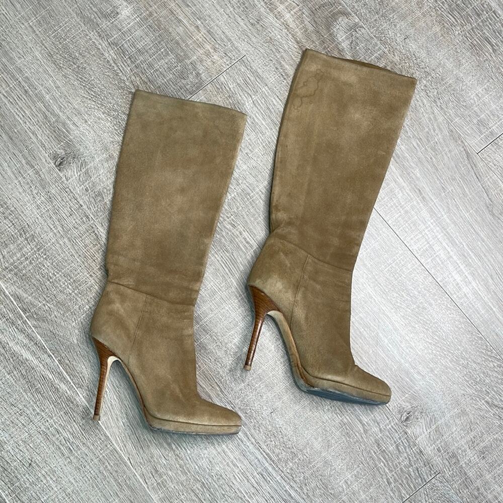 JIMMY CHOO Tan Suede Round Toe Wood Heel Boots Women’s Size 37.5 or 6.5